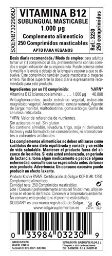 Solgar | Vitamina B12 1000 Mcg (Cianocobalamina) | Energía, Equilibrio Psicológico, Reduce el Cansancio | 250 comprimidos masticables sublinguales | Sabor Cereza Natural