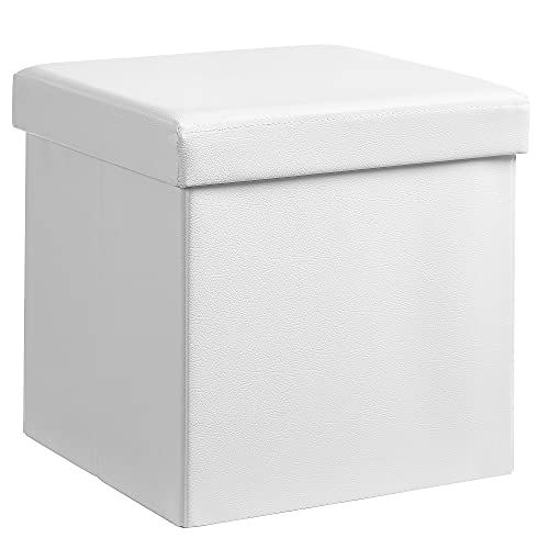 SONGMICS Banqueta Plegable con Compartimento para Almacenaje (Cuero de Imitación, 38 x 38 x 38 cm), color Blanco LSF103