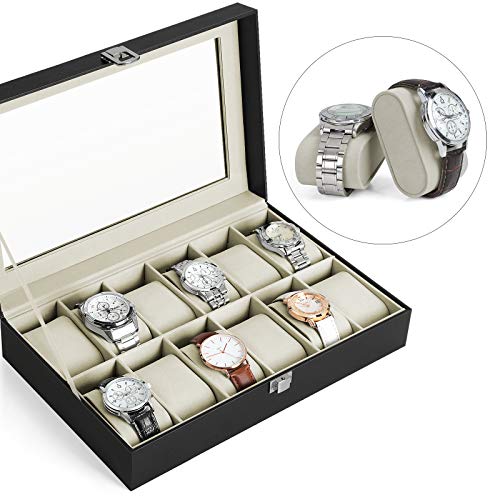SONGMICS Caja de Relojes con 12 Compartimentos, Estuche para Relojes con Tapa de Cristal, Almohada extraíble, Forro de Terciopelo, Cierre de Metal, Cuero Sintético Negro y Forro Gris, Navidad, JWB12BK