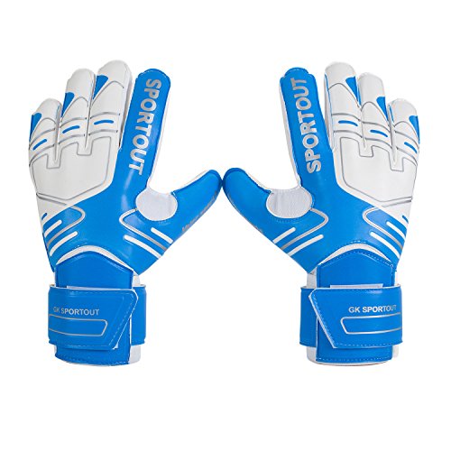 Sportout - Guantes de portero para jóvenes y adultos, con agarre fuerte para las paradas más duras, con refuerzos en los dedos para una mayor protección y para evitar lesiones, color azul, tamaño 8