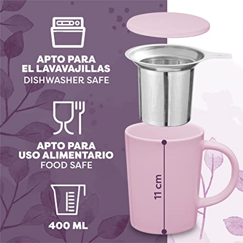 Taza con Filtro para Infusiones y Te - De Ceramica - Rosa - XL 400ml Grande - Con Tapa y Asa