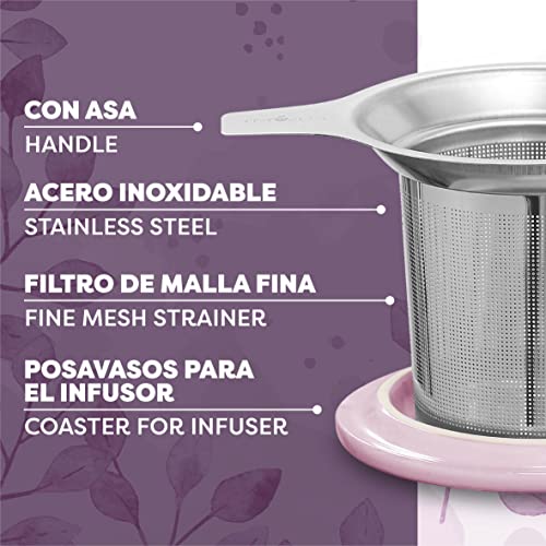 Taza con Filtro para Infusiones y Te - De Ceramica - Rosa - XL 400ml Grande - Con Tapa y Asa