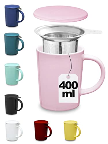 Taza con Filtro para Infusiones y Te - De Ceramica - Rosa - XL 400ml Grande - Con Tapa y Asa