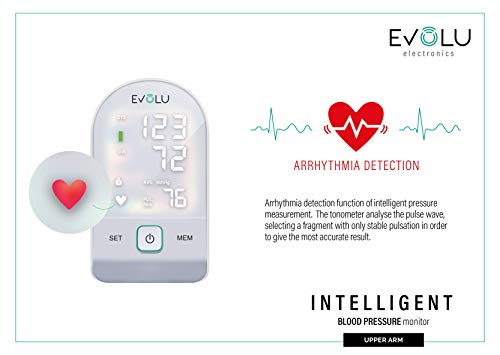 Tensiómetro Evolu para la parte superior del brazo - medidor tensión arterial - automático con función de memoria - medición del pulso - detección de arritmias - tamaño universal del brazalete
