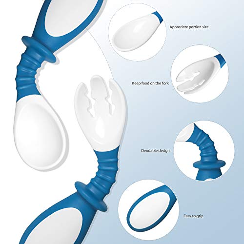 Termichy cubiertos cubiertos para bebés juego de cubiertos de cuchara y tenedor flexibles 6 meses + vajilla de aprendizaje de formación de autoalimentación con estuche de viaje (azul)