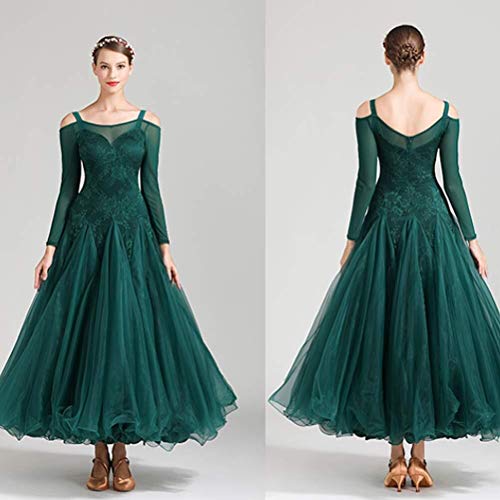 TFF Vestido De Rendimiento De Danza Verde De Malla De Encaje, Salón De Baile Falda De Columpio Largo Competencia Profesional Vestido De Vals Moderno (Color : Green, Size : XL)