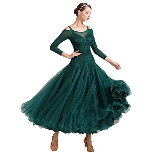 TFF Vestido De Rendimiento De Danza Verde De Malla De Encaje, Salón De Baile Falda De Columpio Largo Competencia Profesional Vestido De Vals Moderno (Color : Green, Size : XL)
