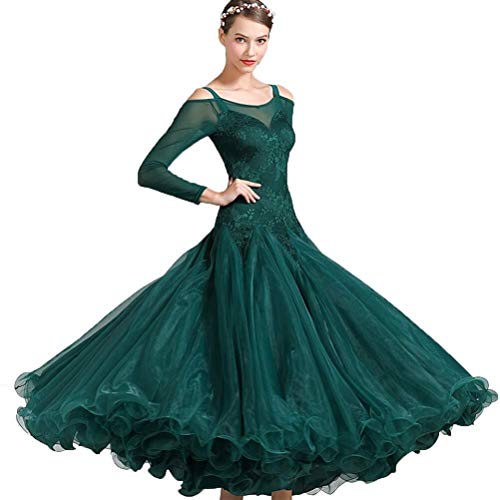 TFF Vestido De Rendimiento De Danza Verde De Malla De Encaje, Salón De Baile Falda De Columpio Largo Competencia Profesional Vestido De Vals Moderno (Color : Green, Size : XL)