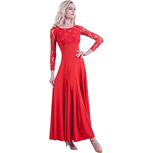 TFF Vestido de tela de encaje de seda de leche, moderno baile de manga larga vestido de baile de baile de vals traje de rendimiento (color: rojo, tamaño: XXXL)