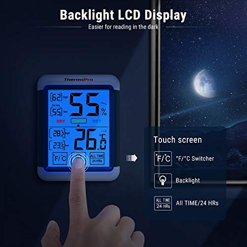 ThermoPro TP55 2 Piezas Termómetro Higrómetro de Interior para Casa Ambiente Medidor de Temperatura y Humedad Digital Termohigrómetro Profesional con Pantalla Táctil y Retroiluminación