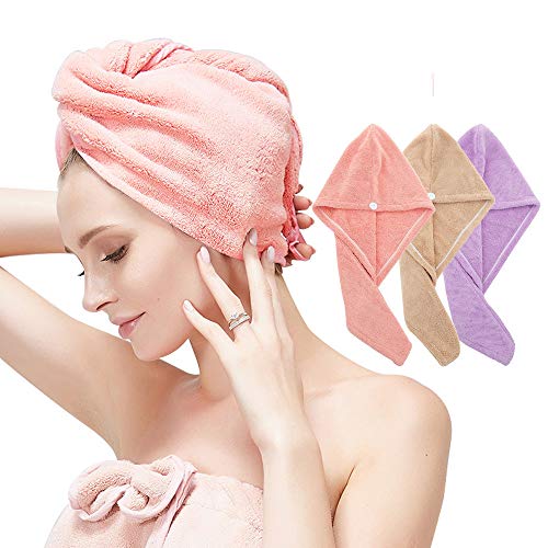Toallas para Secar el Pelo 3pcs, Toalla Turbante para el Pelo, Cabello Turbante de Secado rápido Coral Fleece con Botón del Abrigo, para en EUR Ducha, SPA, Maquillaje