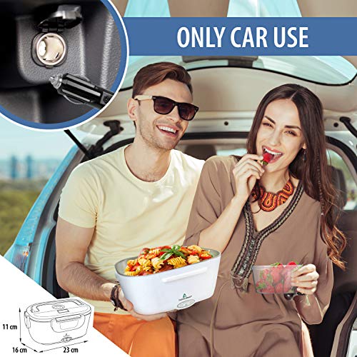 TRAVELISIMO Fiambrera Electrica para Coche 12V, Calienta Comida en Minutos, Fiambrera Termica Termo Comida Caliente Acero Inoxidable 1.5L 40W, Tartera Electrica Portatil Tenedor Cuchillo