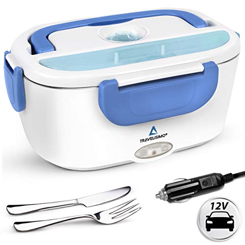 TRAVELISIMO Fiambrera Electrica para Coche 12V, Calienta Comida en Minutos, Fiambrera Termica Termo Comida Caliente Acero Inoxidable 1.5L 40W, Tartera Electrica Portatil Tenedor Cuchillo