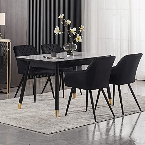 TUKAILAI Juego de 2 sillas de comedor de terciopelo con asiento acolchado, patas de metal, brazos y respaldo, sala de estar, comedor, cocina, dormitorio, recepción, diseño de diamante, color negro