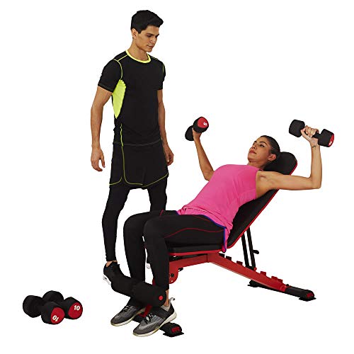 UFC Banco de pesas Folding FID con soporte para piernas. Soporta hasta 363 kg. Asiento y respaldo ajustables. Se puede utilizar como banco plano, banco inclinado, banco negativo y banco abdominal.