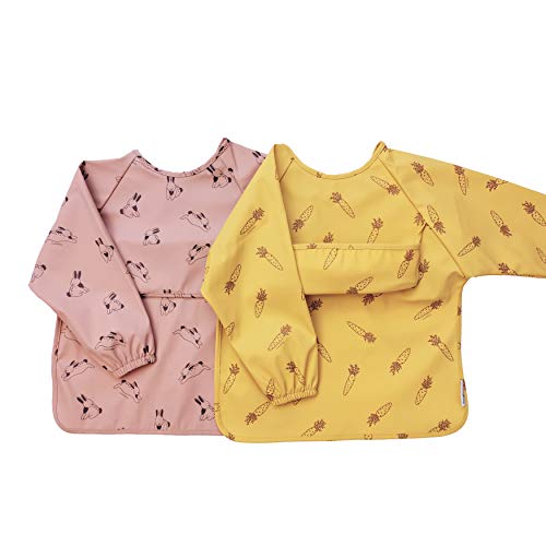 ÜneeQbaby Baberos impermeables para bebés y niños pequeños, paquete de 2, de manga larga Oeko-TEX para alimentar y jugar desordenado con bolsillo en el pecho, overol