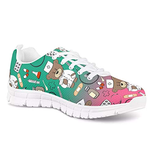 UOIMAG Hombres Entrenador Patrón Médico Oso Enfermera Zapatilla de Deporte de Malla de Encaje Zapatos para Correr para Mujeres Zapatos de Ocio Planos Unisex 39EU