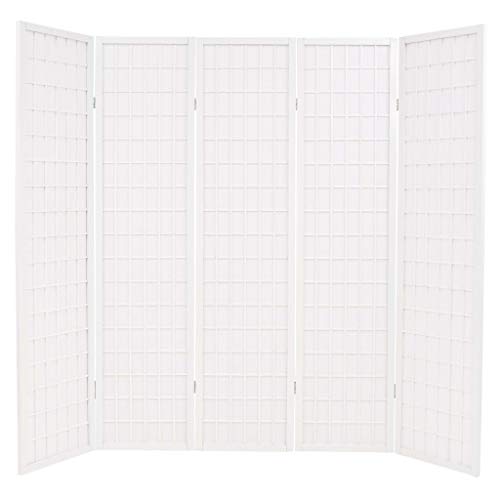 vidaXL Biombo Plegable con 5 Paneles de Estilo Japonés Separador de Ambienntes Divisor de Estancias de Madera de Abeto 200x170 cm Blanco