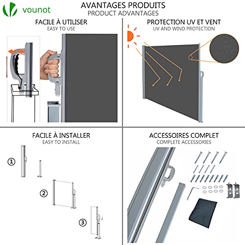 VOUNOT Toldo Lateral Retráctil, Protege la Privacidad, Protector Solar a Prueba de Viento, para Balcón, Jardin, Terraza, 140 x 300cm, Gris