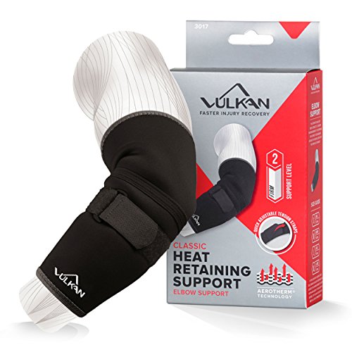 Vulkan - Codera de tenis clásica con correa, estilo medio, manga de compresión, para lesionados, débiles, artríticos, codo de golfista, rehabilitación, recuperación, cálido y transpirable