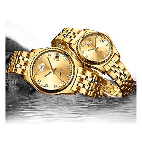 WGH Vea Dos Modelos Relojes de Las Mujeres/de los Hombres de Moda de Mujeres de Negocios Vestido de niña de Reloj de Cuarzo Movimiento- Calendario Parejas de Oro (Color : Man-C)