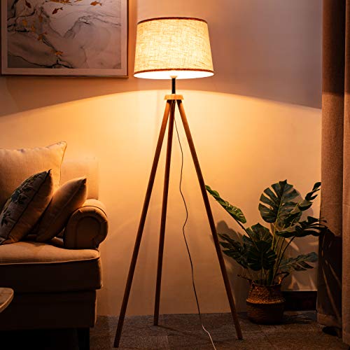 WUDSEE Lámpara de Pie de Trípode 150cm Lámpara de Vertical con Trípode Removible de Madera y Pantalla de Tela ,Base E27 Max.60W,para Salón, Dormitorio, Estudio, Color:Beige