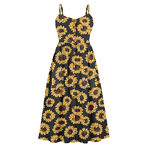 YANFANG Vestido A Media Pierna Bohemio con Bolsillos Abatibles Estampado para Mujer,Vestido De Mujer Botones Bohemios Y Girasoles,Mini TúNica Manga Corta,Negro,XXL