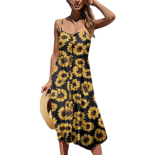 YANFANG Vestido A Media Pierna Bohemio con Bolsillos Abatibles Estampado para Mujer,Vestido De Mujer Botones Bohemios Y Girasoles,Mini TúNica Manga Corta,Negro,XXL