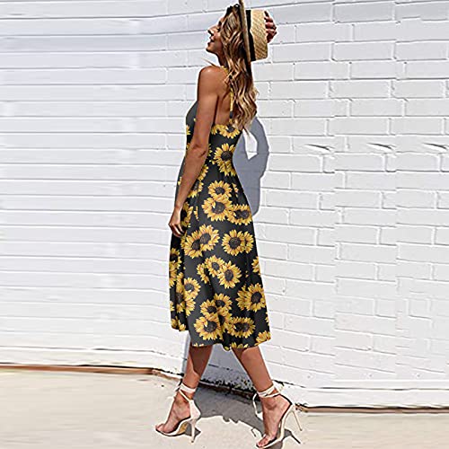 YANFANG Vestido A Media Pierna Bohemio con Bolsillos Abatibles Estampado para Mujer,Vestido De Mujer Botones Bohemios Y Girasoles,Mini TúNica Manga Corta,Negro,XXL