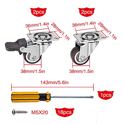 YIXISI Paquete de 4 38mm Rueda Pivotantes de Goma con Placas de Montaje para Muebles, 2 Ruedas con Freno y 2 Ruedas sin Freno, con Tornillos y Destornillador, Marrón