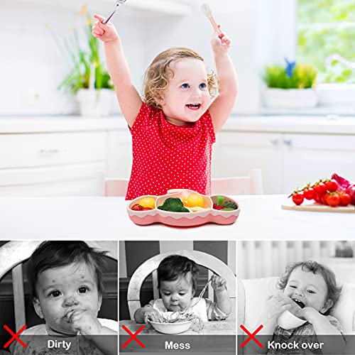 Yuccer Platos de Silicona para Bebe Ventosa Vajilla Platos Antideslizante con Cucharas Tenedor Platos Individual Bebe Sin BPA para Lavavajillas Microondas Silla Alta Cumpleaños Regalo (rosa)