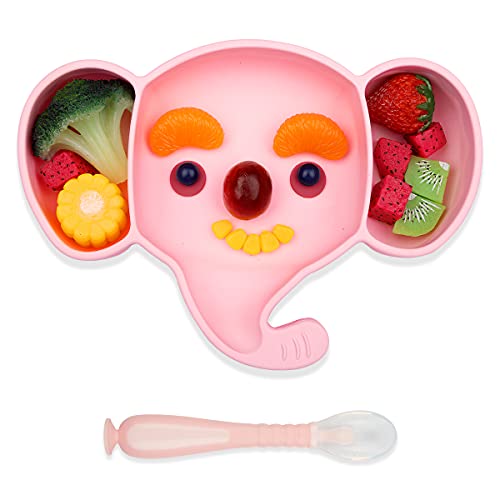 Yuccer Platos de Silicona para Bebe Ventosa Vajilla Platos Antideslizante con Cucharas Tenedor Platos Individual Bebe Sin BPA para Lavavajillas Microondas Silla Alta Cumpleaños Regalo (rosa)