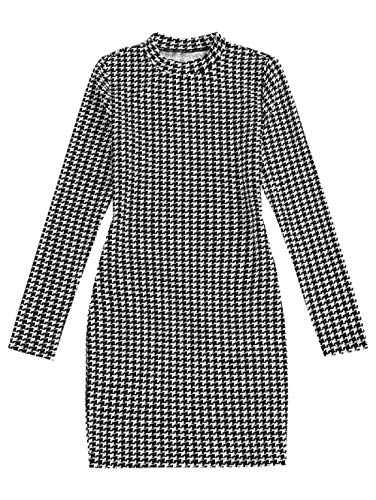 ZAFUL Vestido de mujer a cuadros Houndstooth Bodycon Mini vestido de manga larga ajustada Paso de grifo. S