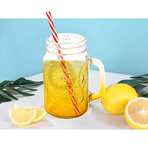 ZGoEC Vaso con tapa y pajita transparente, 4 colores, con asa, 450 ml, tarro Mason Jar con 4 tapas para pajita, 4 tapas de sellado extra, 8 pajitas de plástico.