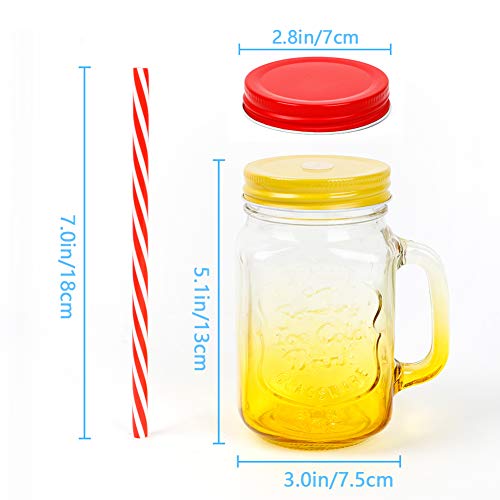 ZGoEC Vaso con tapa y pajita transparente, 4 colores, con asa, 450 ml, tarro Mason Jar con 4 tapas para pajita, 4 tapas de sellado extra, 8 pajitas de plástico.