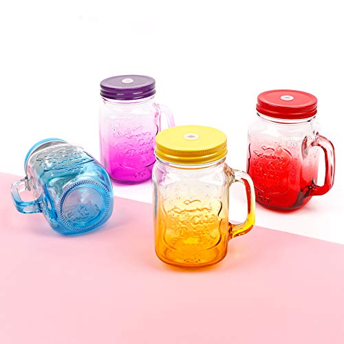 ZGoEC Vaso con tapa y pajita transparente, 4 colores, con asa, 450 ml, tarro Mason Jar con 4 tapas para pajita, 4 tapas de sellado extra, 8 pajitas de plástico.