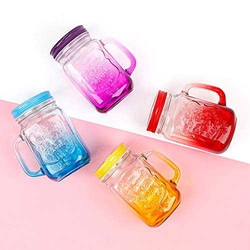 ZGoEC Vaso con tapa y pajita transparente, 4 colores, con asa, 450 ml, tarro Mason Jar con 4 tapas para pajita, 4 tapas de sellado extra, 8 pajitas de plástico.