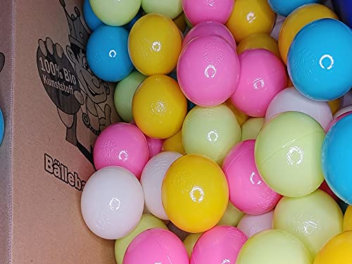 100 bolas de plástico bio para piscina de bolas de caña de azúcar renovable, materias primas, 6 cm de diámetro, guardería y calidad comercial (cristal bio-blanco, verde claro, rosa-azul claro, BB03)