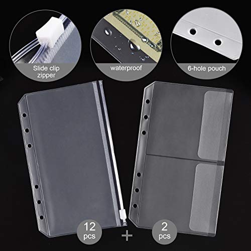 14 bolsillos de plástico A6 con cubierta de cuero para cuaderno, carpeta de 6 anillas con cierre de hojas sueltas y cierre de cremallera, sistema de sobres con etiquetas adhesivas, color negro