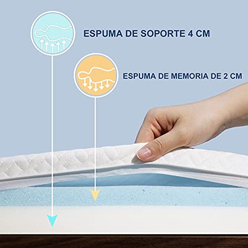 2 en 1 Colchón Topper, Topper Viscoelástico de 6 cm de Espesor, Topper Colchón de Confort Suave con Funda de bambú Lavable, 135 x 190/200 cm