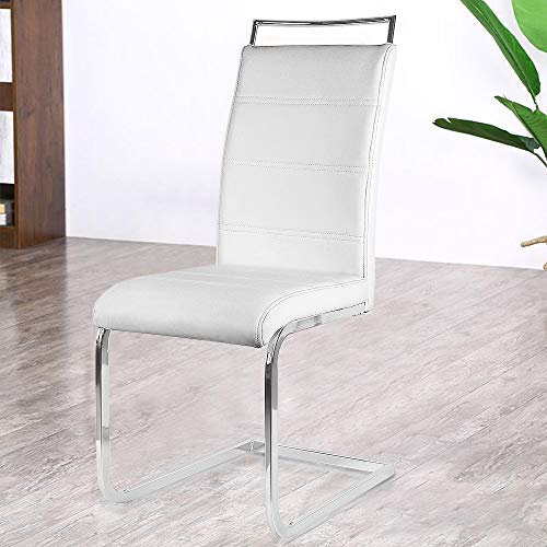 2 x Silla Cantilever Altura 45cm, Köln Silla Cantiléver Cuero Sintético y Metal Cromado Sillas de Comedor Modernas, Altura del Respaldo: 56 cm, MAX Carga 120kg (4, Blanco)