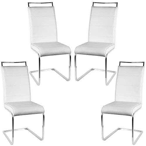 2 x Silla Cantilever Altura 45cm, Köln Silla Cantiléver Cuero Sintético y Metal Cromado Sillas de Comedor Modernas, Altura del Respaldo: 56 cm, MAX Carga 120kg (4, Blanco)