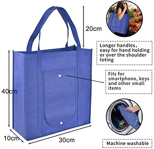 24 Bolsas De Tela para Compra Plegable Reutilizables Ecológicas 30x40x10cm Tela No Tejido Tamaños Grandes con Bolsillo Guarda Llaves Móvil Multiuso (Pack 24, Tela No Tejido)