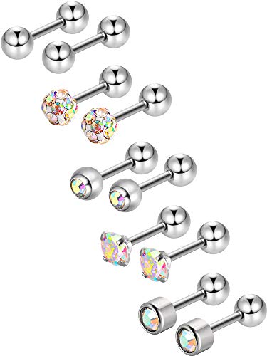5 Pares de Pendientes de Perno de Acero Inoxidable Pernos de Bola Redonda Pendientes de Barra con Pesas de Zirconia Cúbica Piercing de Hélice para Trago Cartílago Oreja, 5 Estilos (Color AB)