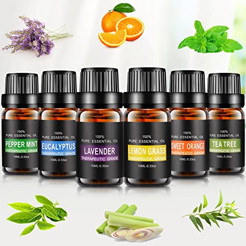 Aceites Esenciales, joylink 100% Natural Puro, 6 x 10 ml Set de Aceites Esenciales（Lavanda, Menta, Naranja Dulce, Eucalipto, Arbol de Té, Hierba de Limón）