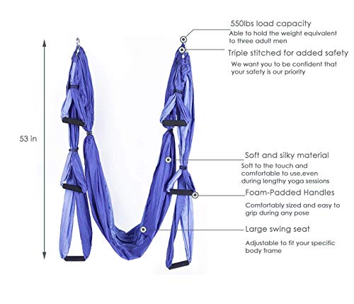 Aerial Hamaca de Yoga,Yoga Swing para Yoga antigravedad, Ejercicios de inversión, Flexibilidad Mejorada y Resistencia del núcleo - Accesorios de Montaje incluidos (azul real)