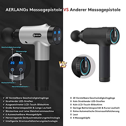 AERLANG Pistola de masaje, dispositivo de masaje muscular con 20 velocidades y 6 cabezales de masaje, dispositivo de masaje muscular, dispositivo de masaje de percusión para agujetas musculares