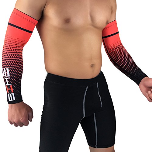 Aesy Manguitos de compresión para hombre [Anti UV + protección solar UPF 50 + Transpirables] para correr, ciclismo, voleibol [Naranja roja - Extra Grande]