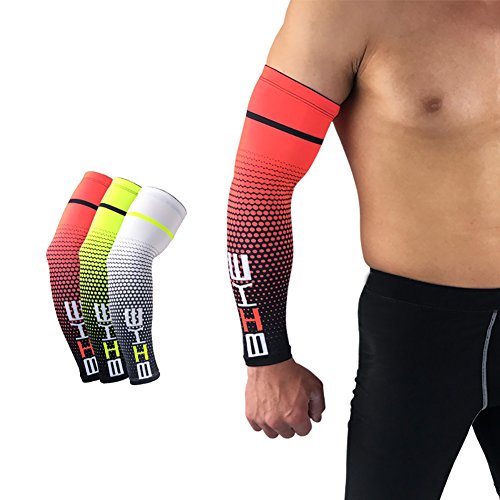 Aesy Manguitos de compresión para hombre [Anti UV + protección solar UPF 50 + Transpirables] para correr, ciclismo, voleibol [Naranja roja - Extra Grande]