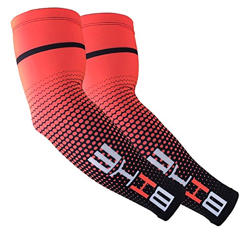 Aesy Manguitos de compresión para hombre [Anti UV + protección solar UPF 50 + Transpirables] para correr, ciclismo, voleibol [Naranja roja - Extra Grande]